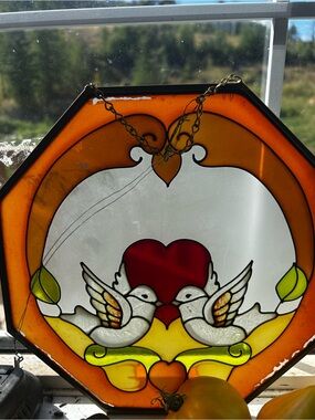 Stained Glass Dove Heart Panel - Orange and Red Home Art vintage 12”